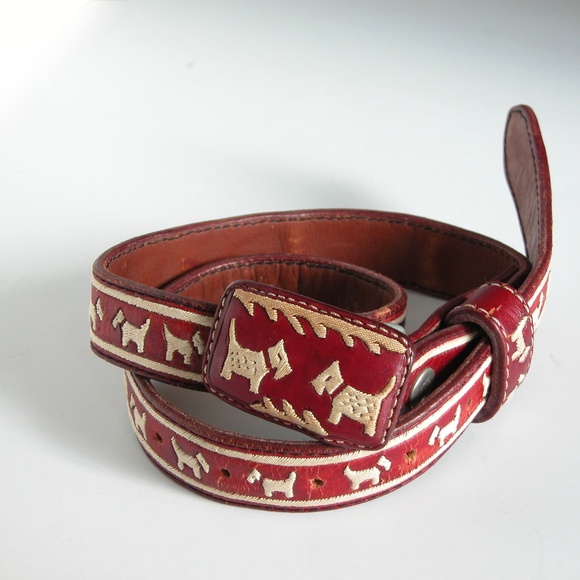 Vtg 70s Red Leather Hippie Belt Embroidered Scottie Dog Terrier Belt S-M Western main image 4